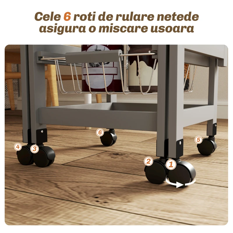 HOMCOM Cărucior de Bucătărie din Lemn și Metal cu 3 Coșuri, Sertar și Clapete, 37x37x77.5 cm, Gri