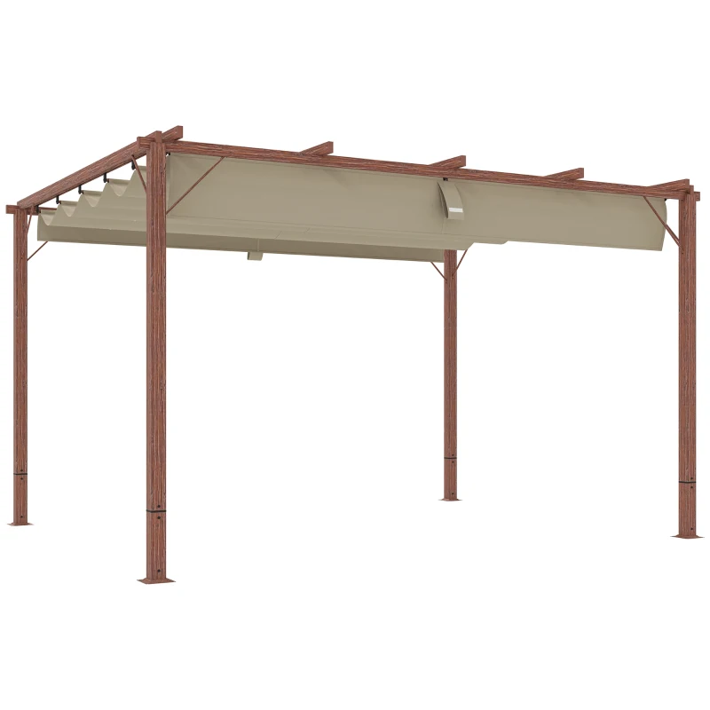 Outsunny Pergolă de Grădină cu Acoperiș Retractabil și Cadru din Aluminiu cu Aspect de Lemn, 382x300x232 cm, Lemn Natural(m-11)
