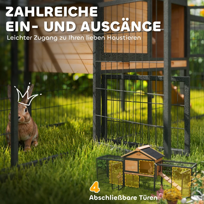 PawHut Hasenstall 2 Ebenen Kaninchenstall aus Vollholz Winterfest Doppelstockhaus mit Freilaufgehege 217x53x86 cm Gelb(m-6)