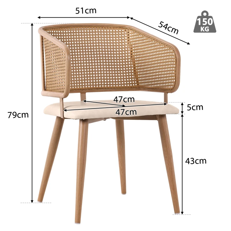 Set de 2 scaune de sufragerie cu spătar din ratan, pernă de șezut din piele PU, 51x54x79 cm, Bej+Maro