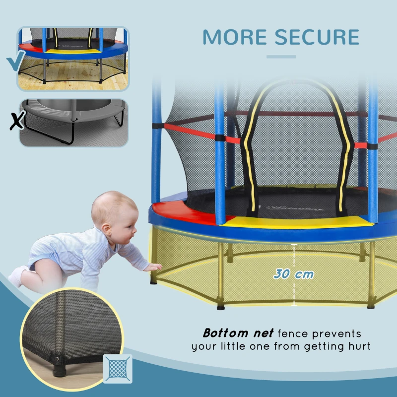 HOMCOM Trampolino Elastico per Bambini da 3 Anni Ø140cm con Rete di Protezione e Corde Bungee, Blu