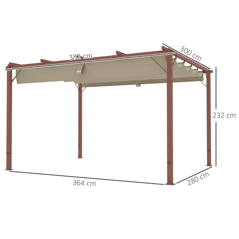 Outsunny Pergolă de Grădină cu Acoperiș Retractabil și Cadru din Aluminiu cu Aspect de Lemn, 382x300x232 cm, Lemn Natural(m-3)