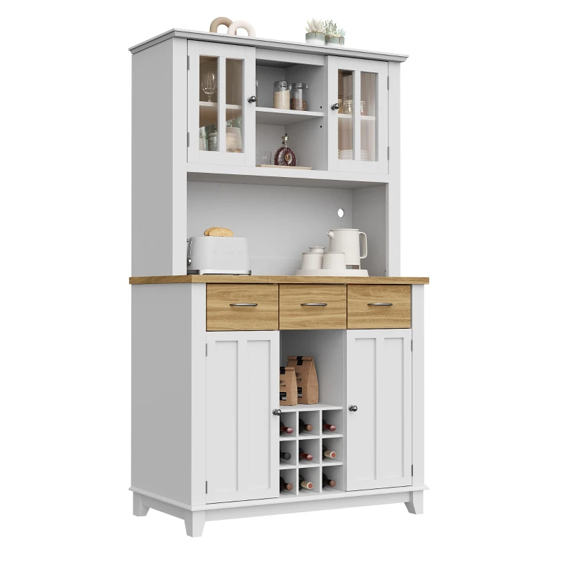 Armoire de cuisine avec éclairage LED, avec étagères réglables et casier à vin, 106×40×179,5 cm, Naturel+Blanc