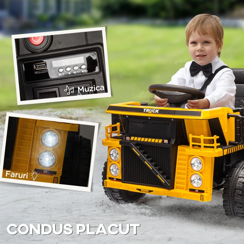AIYAPLAY Camion pentru Copii 3-5 Ani cu Muzică, Faruri și Roți cu Suspensii, 97x63x53 cm, Galben(m-7)