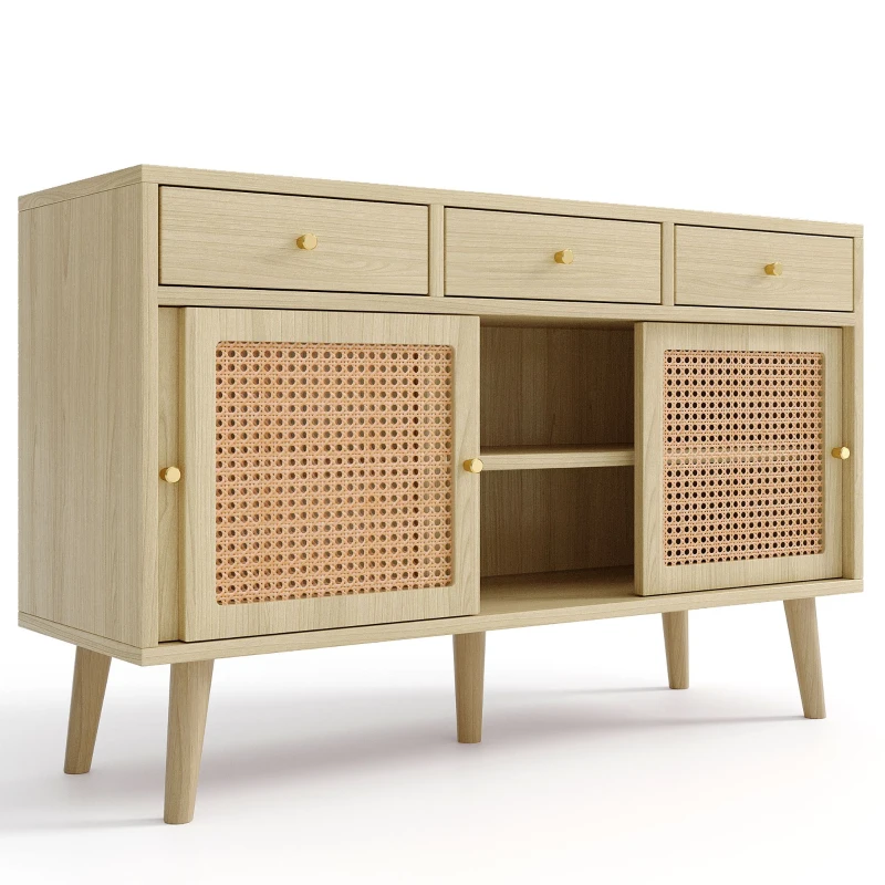 Buffet avec 3 tiroirs et 3 portes coulissantes, rotin tressé, 120×40×78 cm, Couleur naturelle(m-11)
