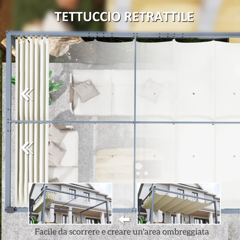 Outsunny Pergola per Giardino Retrattile 4x3 m con Luci LED e Fori di Drenaggio, in Alluminio e Poliestere, Bianco Crema