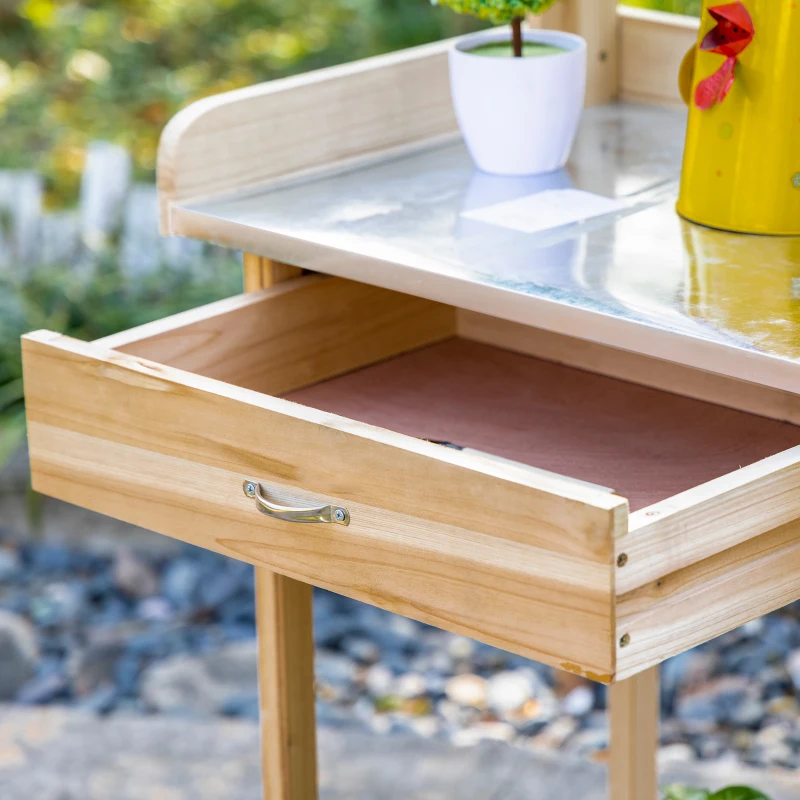 Outsunny Pflanztisch mit verzinkter Arbeitsplatte Gärtnertisch mit Schublade Schrank Garten Arbeitstisch Massivholz Natur 112 x 48 x 125 cm
