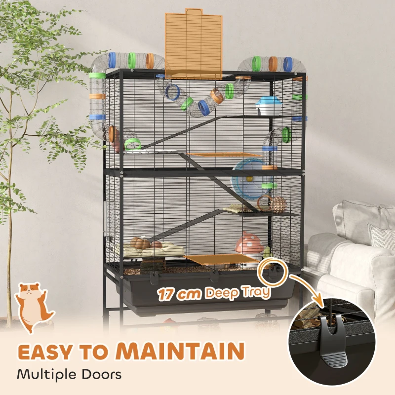PawHut 5 Tier Large Hamster Cage on Wheels with 17 cm Deep Tray, Storage Shelf for Syrian, Gerbil, Rats