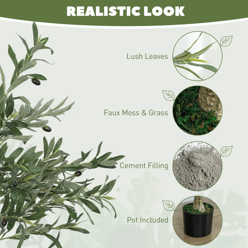 HOMCOM Plantă Artificială de Măslin cu 450 de Frunze, 20 de Măsline și Ghiveci Inclus, Ø15x120 cm, Verde