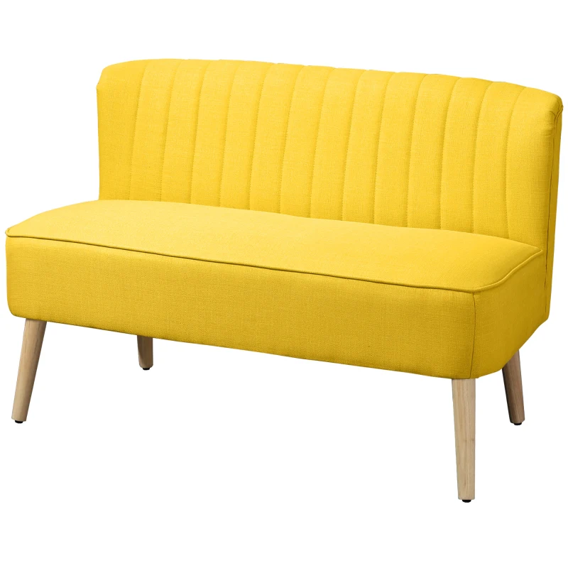 HOMCOM Canapea cu 2 Locuri din Țesătură, Fără Brațe, Canapea de Sufragerie cu Picioare din Lemn, 117x56,5x77 cm, Galben(m-12)