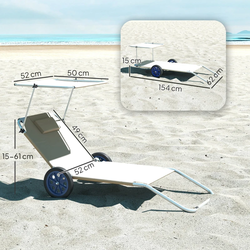 Outsunny Sonnenliege klappbar Gartenliege mit Kopfkissen Dach, Rolle Liegestuhl mit verstellbare Rückenlehne Beige