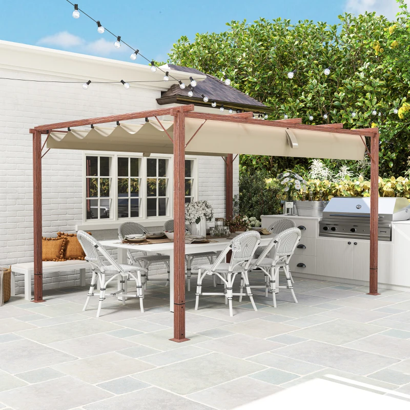 Outsunny Pergolă de Grădină cu Acoperiș Retractabil și Cadru din Aluminiu cu Aspect de Lemn, 382x300x232 cm, Lemn Natural(m-8)
