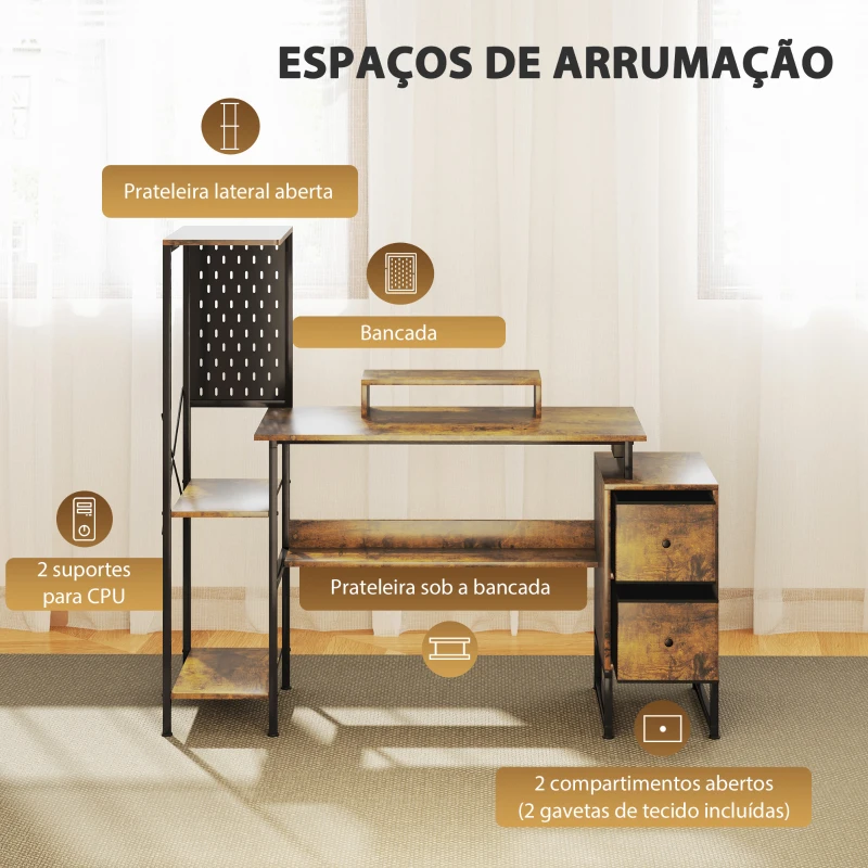 HOMCOM Secretária Estilo Industrial com Luzes LED Estação de Carga Suporte para Monitor Controlo Remoto 142x50x126,5 cm Castanho Rústico