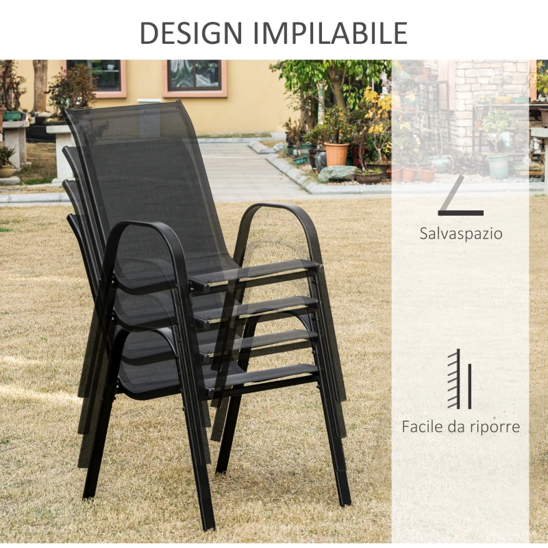 Outsunny Sedie da Giardino Set 4 Pezzi con Braccioli, in Metallo e Tessuto Traspirante, 70x54x90cm, Nero