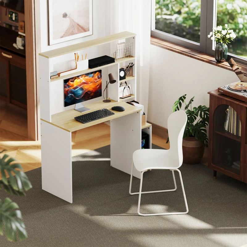 HOMCOM Computertisch, Schreibtisch mit offenen Regalen und Ablagefächern, aus Stahl, Hellbraun+Weiß(m-6)