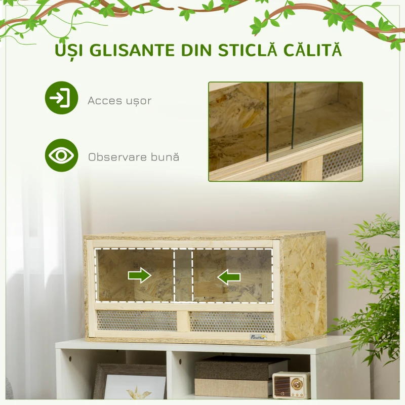 PawHut Terariu din Lemn pentru Reptile cu Uși Glisante din Sticlă și Panouri din Plasă, 60x29.5x29.5 cm, Lemn Natural