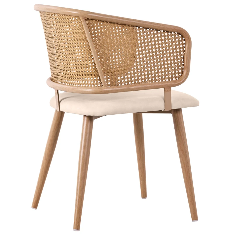 Set de 2 scaune de sufragerie cu spătar din ratan, pernă de șezut din piele PU, 51x54x79 cm, Bej+Maro