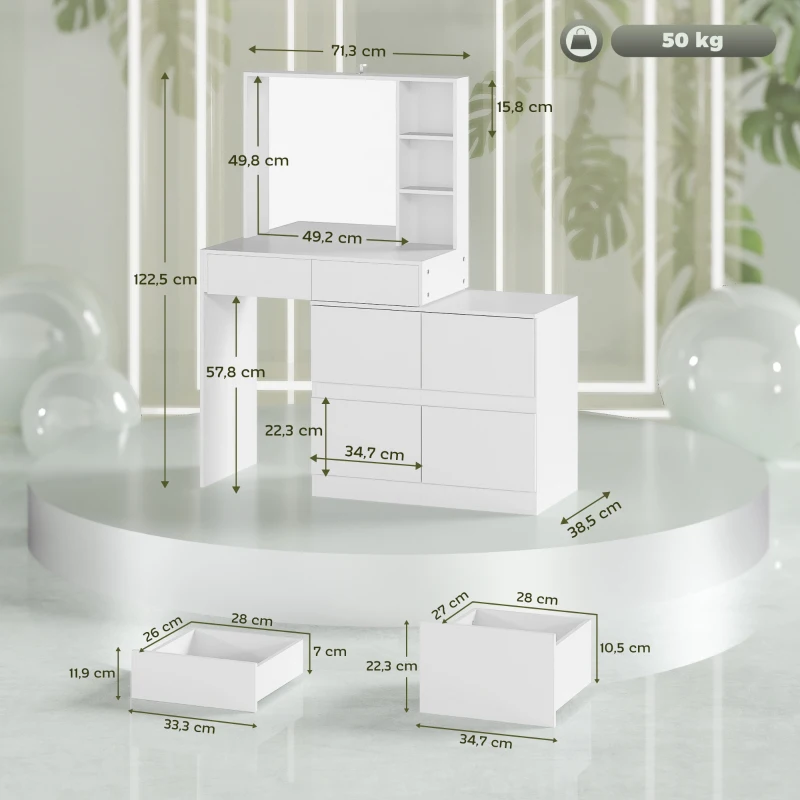 HOMCOM Kaptafel, Makeup-Tafel met Grote Spiegel, 4 Laden, 3 Open Vakken, 2 Kasten, MDF, Wit(m-3)