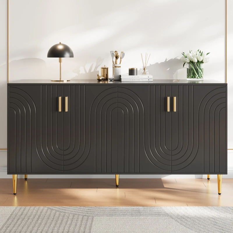 Buffet avec un design ondulé unique, poignées et pieds dorés, 152×40×75 cm, Noir