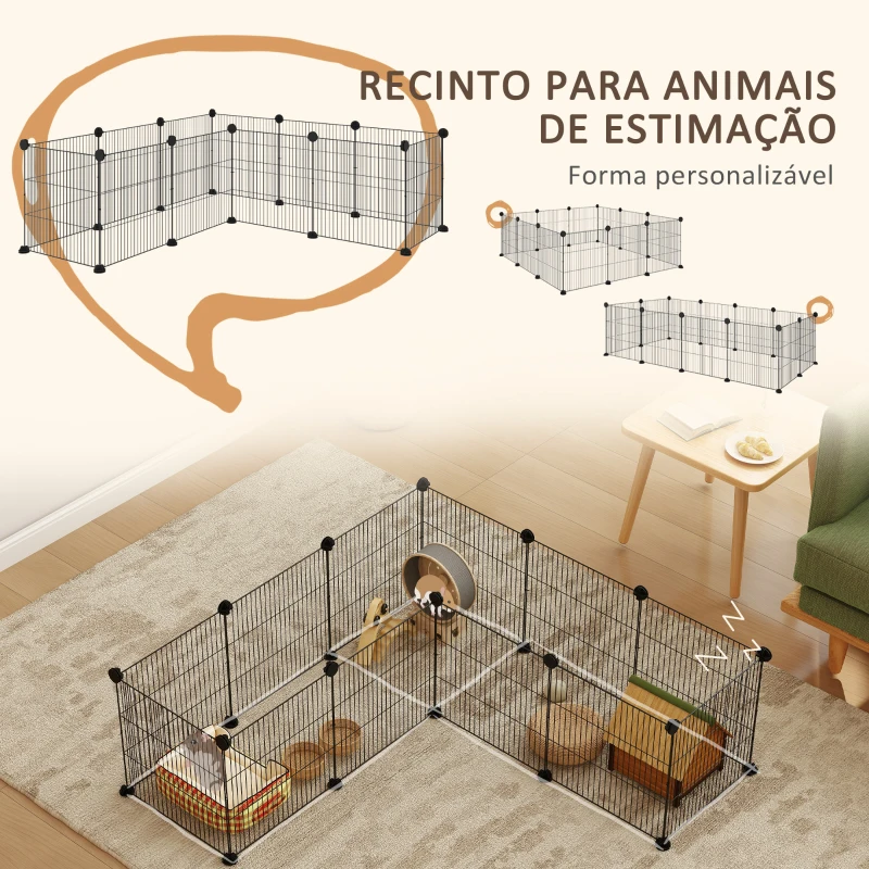 PawHut Recinto de Metal para Animais de Estimação Recinto Metálico com 12 Painéis para Pequenos Animais DIY 140x70x35 cm Preto