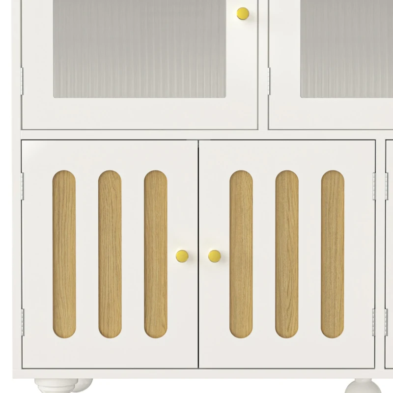 Buffet moderne avec design de touches de piano, porte en verre, pieds en colonnes rondes, 120×40×90 cm, Blanc