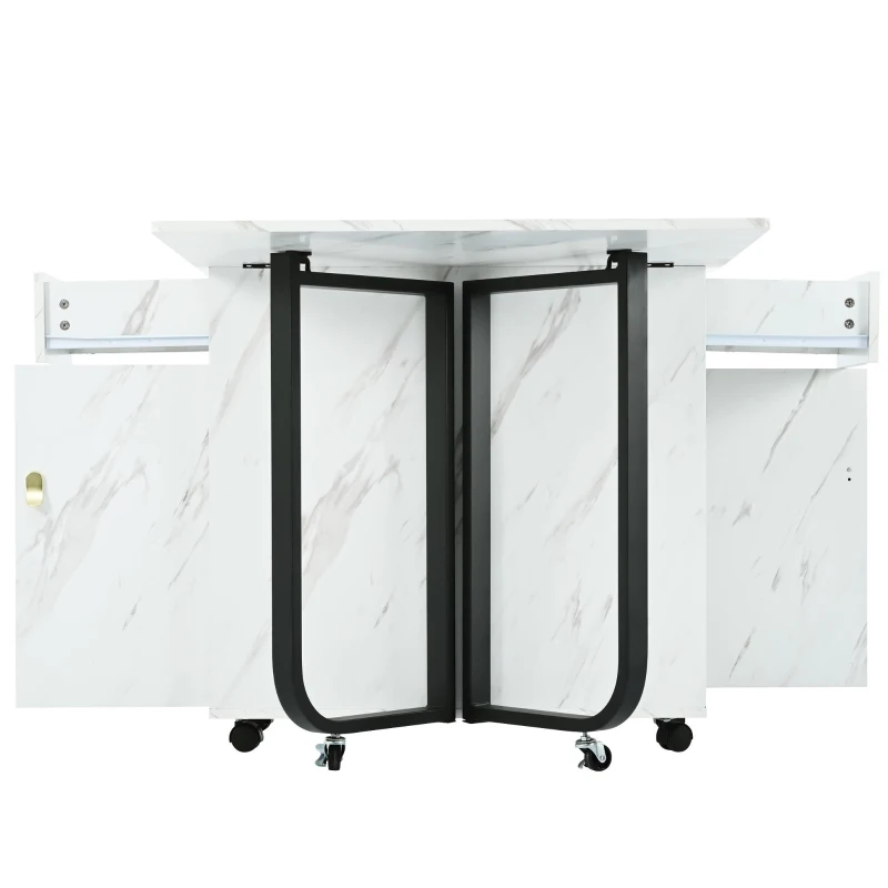 Tavolo da cucina versatile e pieghevole con ruote, con credenza e 2 cassetti, 150x80x76 cm, Bianco e Nero