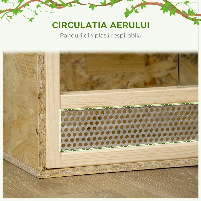 PawHut Terariu din Lemn pentru Reptile cu Uși Glisante din Sticlă și Panouri din Plasă, 60x29.5x29.5 cm, Lemn Natural