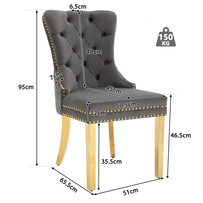 Juego de 4 Sillas de Comedor con Tachuelas Decorativas, Tapizado Capitoné en Terciopelo, 51x65,5x95 cm, Gris