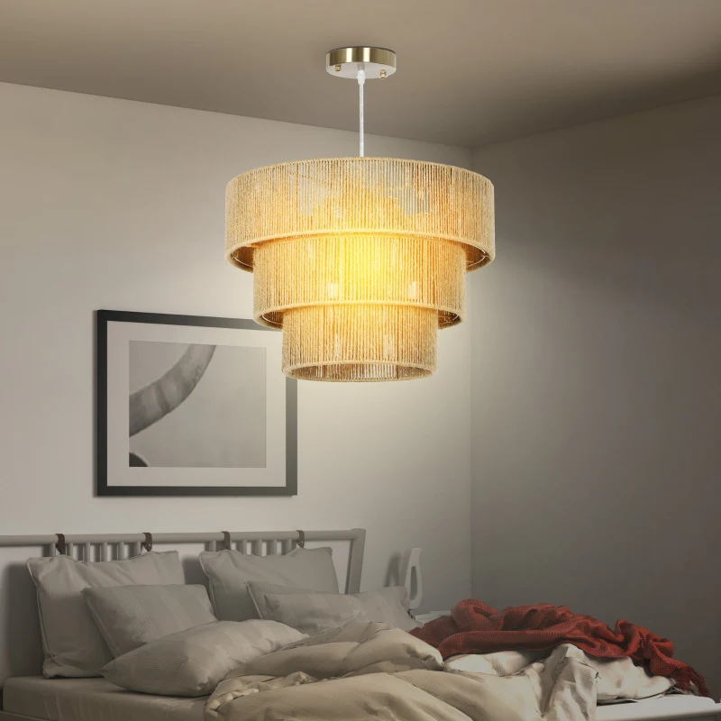 HOMCOM Hemp Rope Ceiling Light, 3-Layer Boho Pendant Light, 4 x E14 Vintage Ceiling Lamp Fixtures for Living Room, Bedroom, Kitchen, Hallway, Light Brown