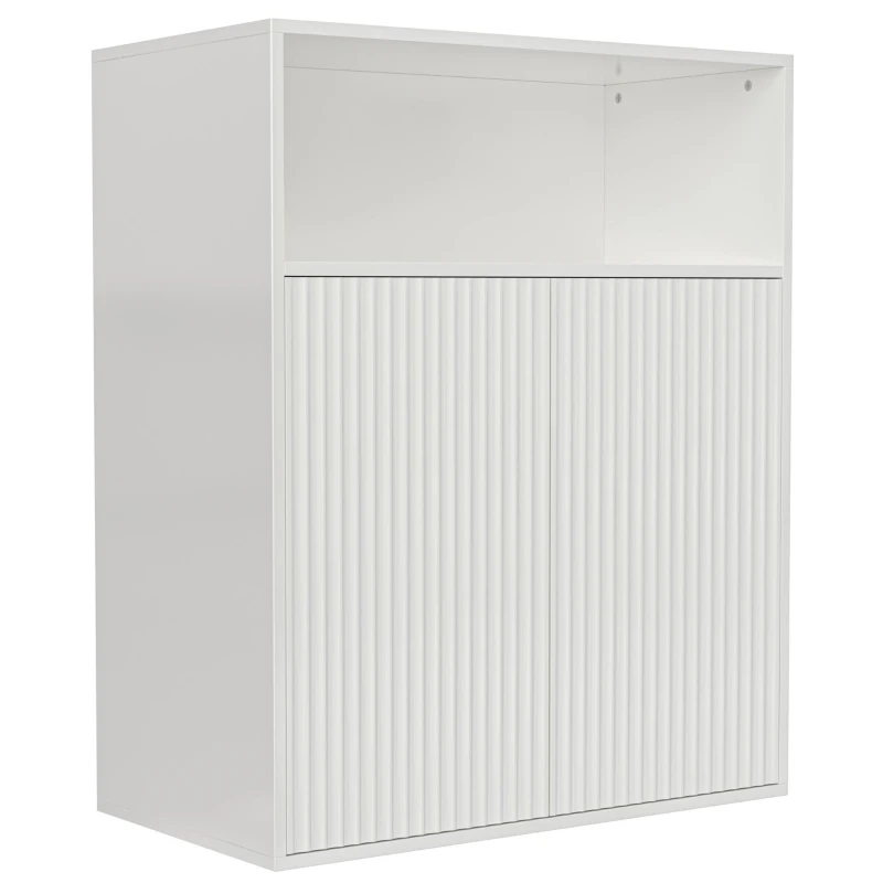 Buffet de rangement avec porte vitrée et éclairage LED, adapté à la cuisine et au salon, 210×35×90 cm, Blanc