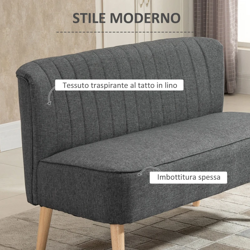 HOMCOM Divano 2 Posti Moderno in Tessuto Senza Braccioli, Divanetto da Salotto con Gambe in Legno, 117x56.5x77 cm, Grigio Chiaro