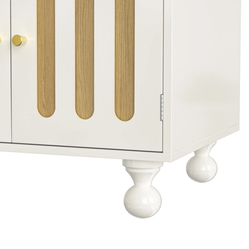 Buffet moderne avec design de touches de piano, porte en verre, pieds en colonnes rondes, 120×40×90 cm, Blanc
