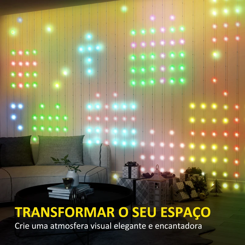 HOMCOM Cortina de Luzes 3x3 m Cortina de Luzes LED Inteligente com 400 Luzes LED RGBIC Sincronização com Música
