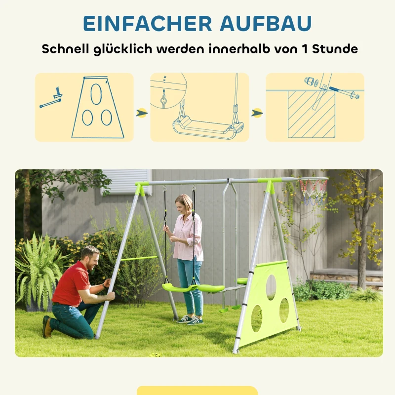 AIYAPLAY Schaukelset für Kinder, 2 Schaukelsitze, 1 Basketballkorb, 1 Fußballtor, Metallrahmen, Grün(m-5)