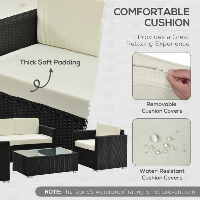 Outsunny 4-Seater Rattan Sofa Set Garden Rattan Furniture Wicker Steel Chair Seat Furniture Patio Rattan Garden Sofa Black