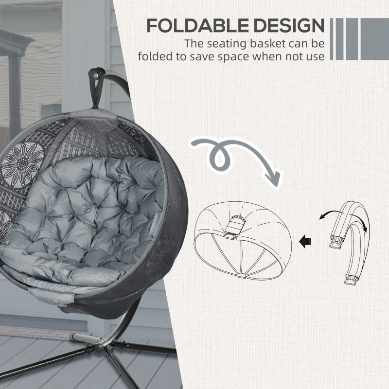 Outsunny Round Egg Basket Chair, with Steel Stand, Charcoal Grey