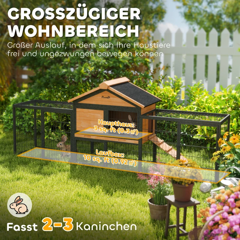 PawHut Hasenstall 2 Ebenen Kaninchenstall aus Vollholz Winterfest Doppelstockhaus mit Freilaufgehege 217x53x86 cm Gelb(m-4)