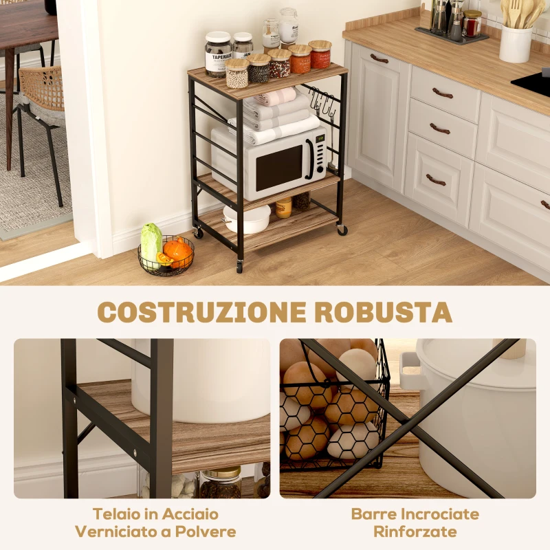HOMCOM Scaffale da Cucina a 3 Livelli Stile Industriale con Ruote e 4 Ganci, Struttura in Acciaio, 60x40x84 cm, Teak