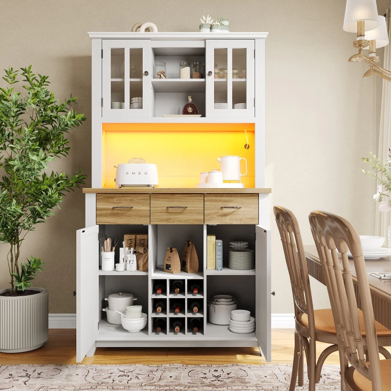 Armoire de cuisine avec éclairage LED, avec étagères réglables et casier à vin, 106×40×179,5 cm, Naturel+Blanc