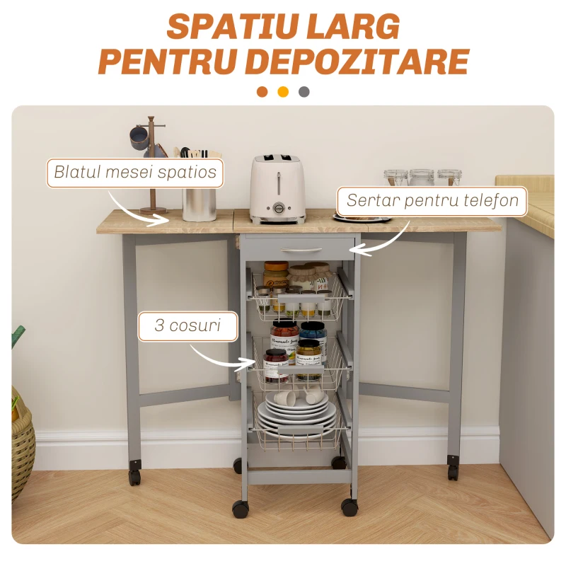 HOMCOM Cărucior de Bucătărie din Lemn și Metal cu 3 Coșuri, Sertar și Clapete, 37x37x77.5 cm, Gri