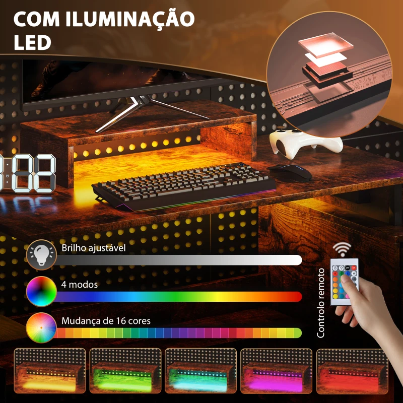HOMCOM Secretária Estilo Industrial com Luzes LED Estação de Carga Suporte para Monitor Controlo Remoto 142x50x126,5 cm Castanho Rústico