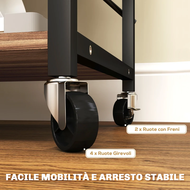 HOMCOM Scaffale da Cucina a 3 Livelli Stile Industriale con Ruote e 4 Ganci, Struttura in Acciaio, 60x40x84 cm, Teak