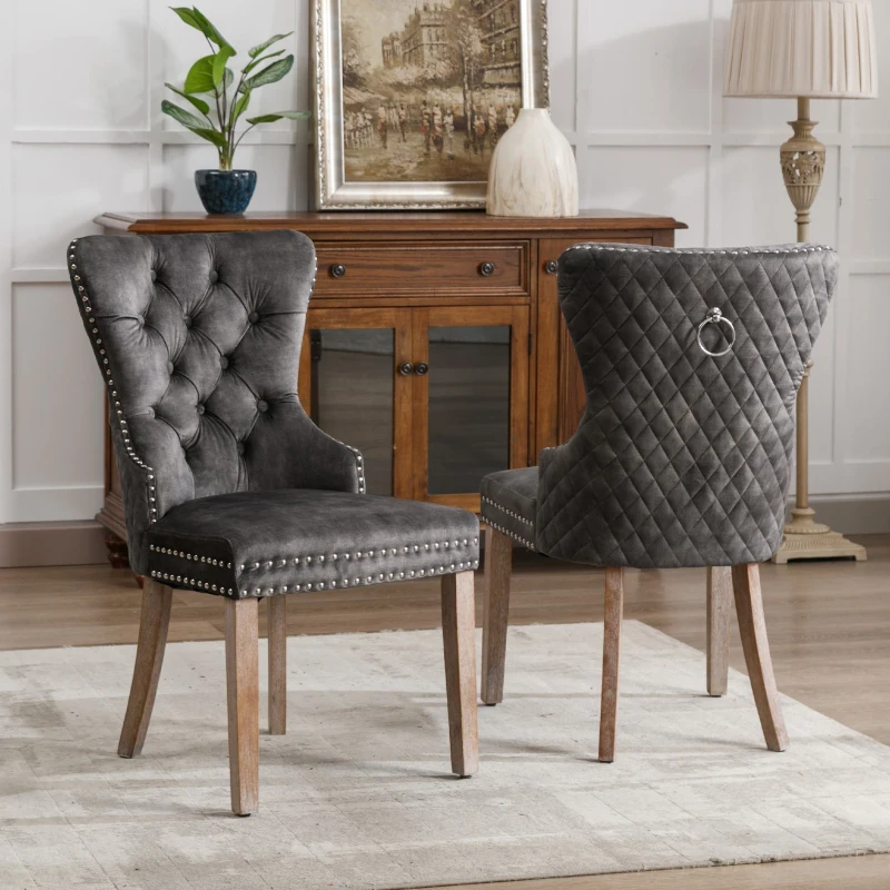 Juego de 2 Sillas de Comedor Tapizadas con Tachuelas Decorativas, 53,5x64x95 cm, Gris