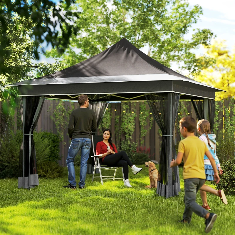 Outsunny Gazebo da Giardino ad Altezza Regolabile con Zanzariera, in Poliestere e Metallo, 357x357x310 cm, Grigio Scuro
