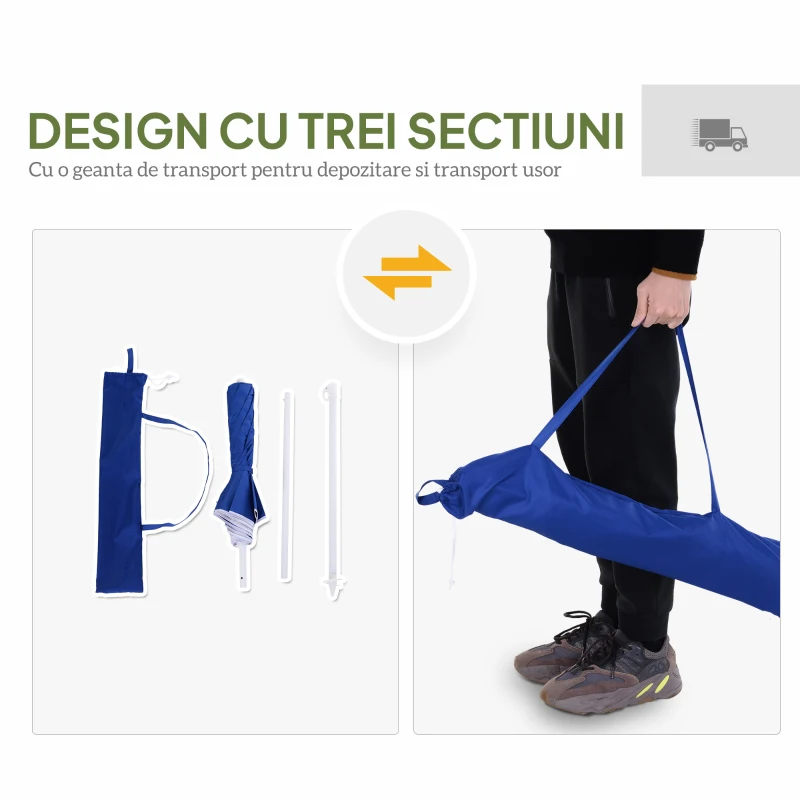 Outsunny Umbrelă de Plajă cu Acoperiș Înclinabil, Geantă de Transport și Design în 3 Secțiuni, Ø1.6x2.05 m, Albastru