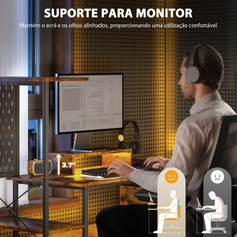 HOMCOM Secretária Estilo Industrial com Luzes LED Estação de Carga Suporte para Monitor Controlo Remoto 142x50x126,5 cm Castanho Rústico