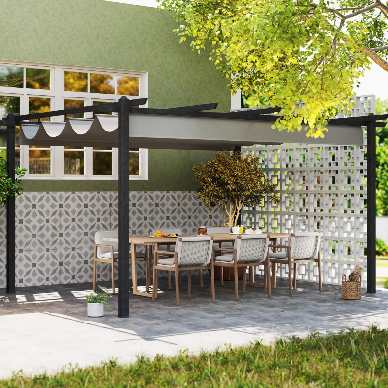 Outsunny Pérgola de Aluminio 4x3 m con Techo Retráctil Tela de Poliéster y 8 Orificios de Drenaje para Jardín Patio Gris