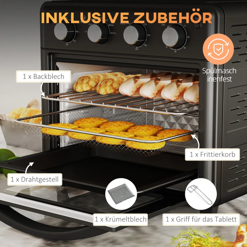 HOMCOM Minibackofen, Heißluftfritteuse, 90-230° C, 7 Programme, Zubehör, Schwarz(m-6)
