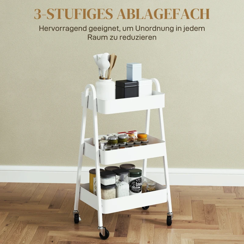 HOMCOM Wózek Serwisowy z 3 Poziomami na Kółkach z Uchwytem i Hamulcem do Kuchni, Biura, Łazienki, Biały