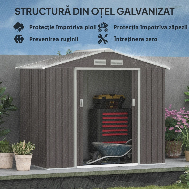 Outsunny Căsuță de Grădină pentru Unelte cu Uși Glisante, 213x130x185 cm, Gri(m-5)